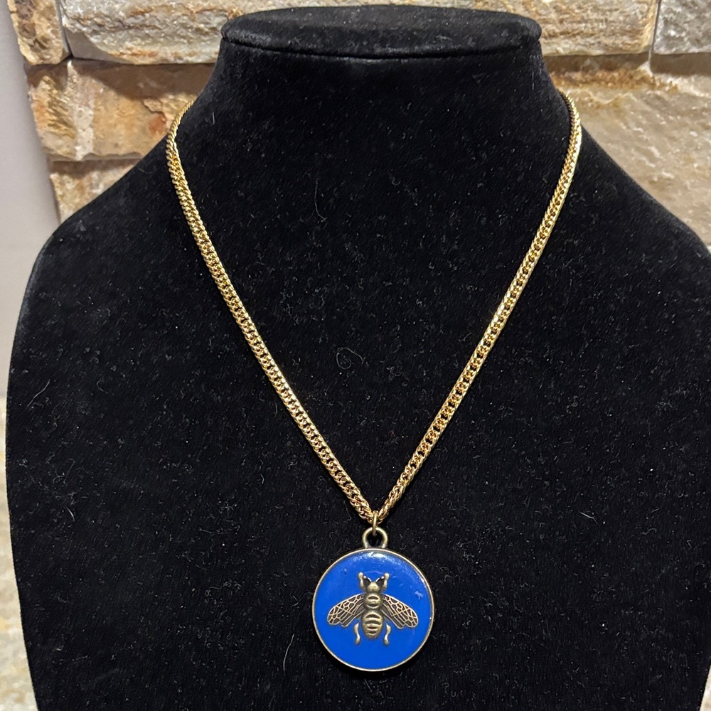 Gold & Royal Blue GG Bee Pendant Necklace